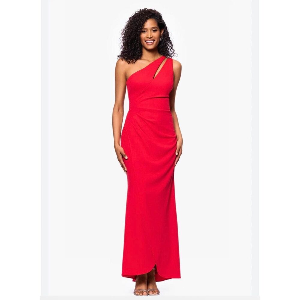 Size 2 Betsy & Adam One Shoulder Scuba Crepe Side Ruche Maxi Long Formal Dress